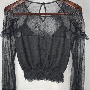 Lulus Top Black Lace Ruffle Overlay Long Sleeve Sexy Sweetheart Neckline Small